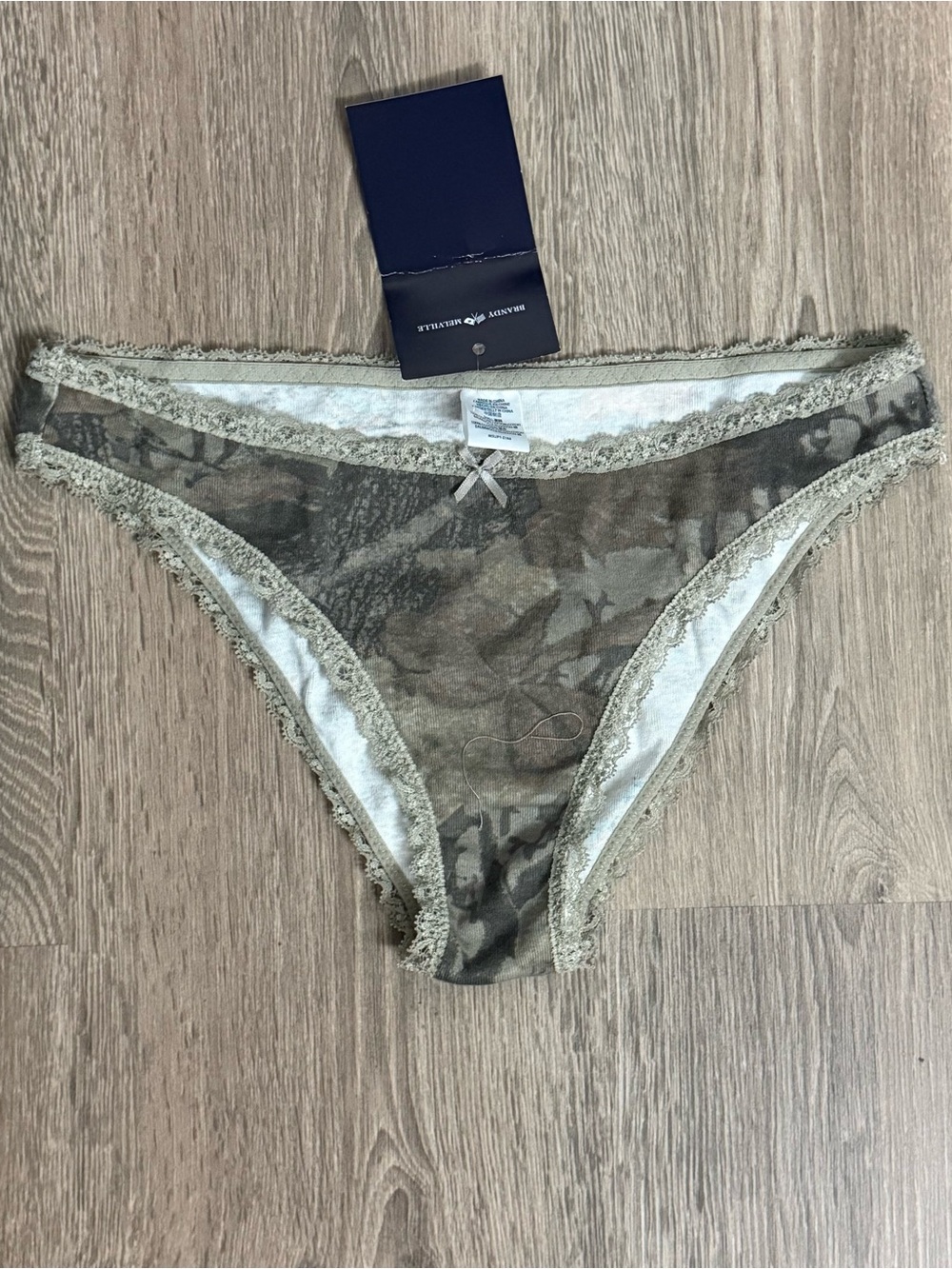 Brandy Melville Camo Print Underwear with Green Lace and Bow
